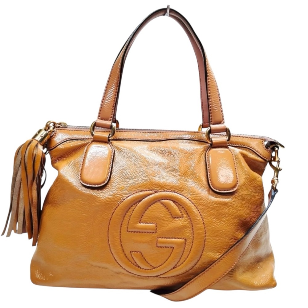Gucci Soho Brown Tan Patent Leather 2 Way Satchel Crossbody handbag Bag Tassel